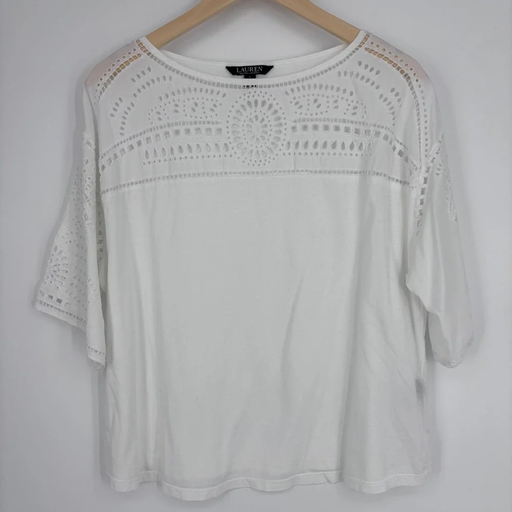 Lauren Ralph Lauren Top Womens L White‎ Eyelet Lace Crochet Boho Summer Blouse